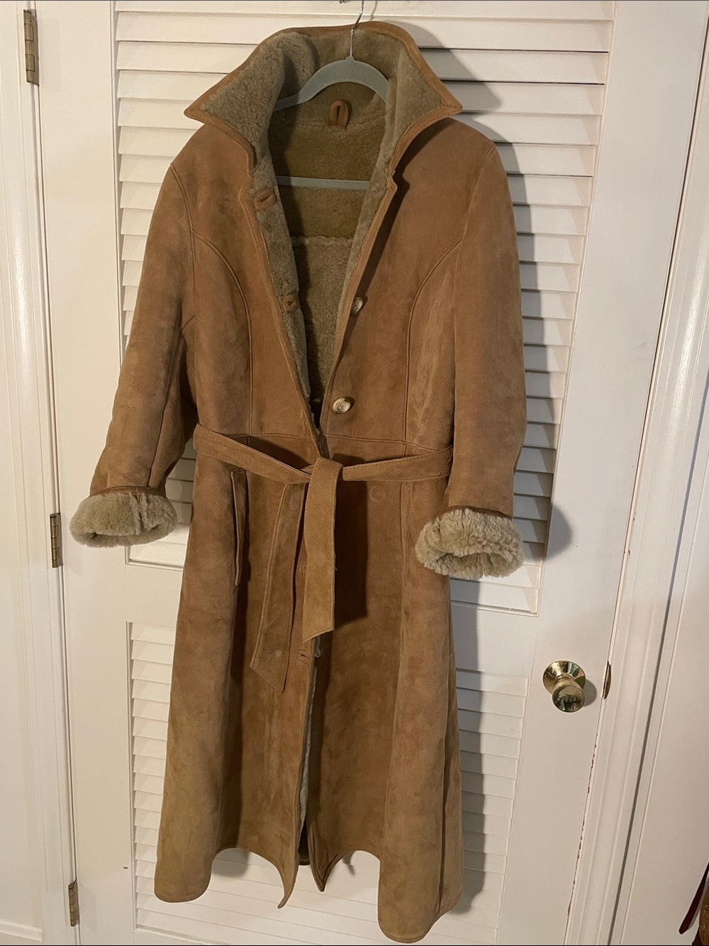 Vintage Sheepskin Shearling Rancher Belted Trench Coat in Camel